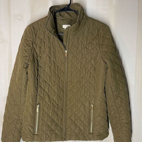 J. Crew Olive green quilted jacket coat, size small - Picture 1 of 14